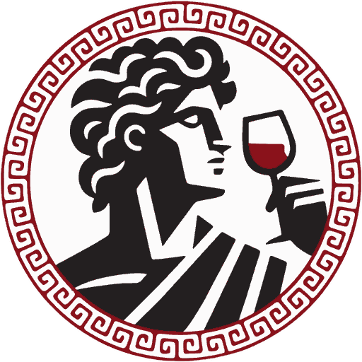 Logo de BACO: Baco, dios del vino, con una copa de vino tinto dentro de una greca roja